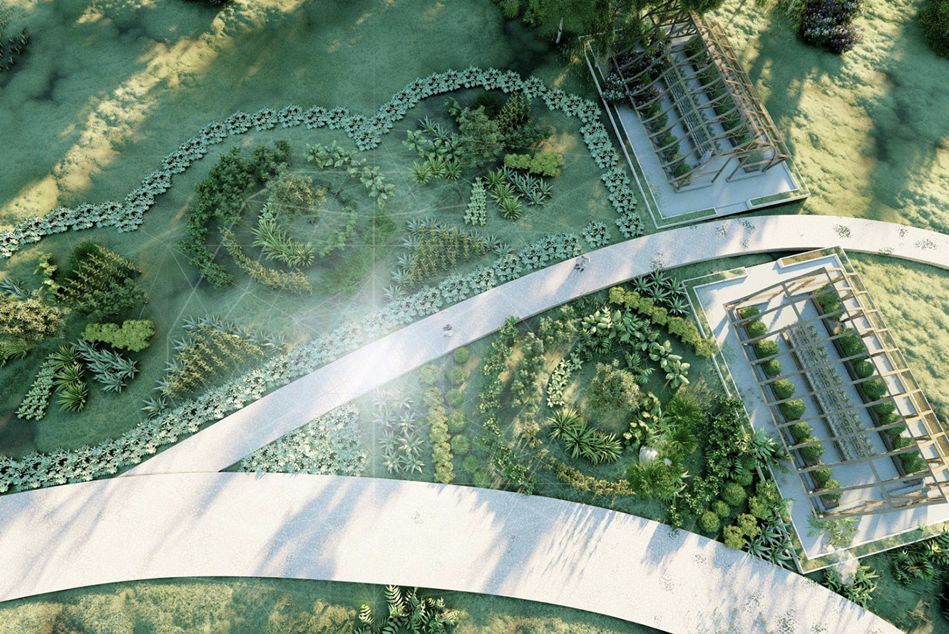 Aerial view of a landscaped garden with walking paths and greenhouses - Ophiuchus Healing Center