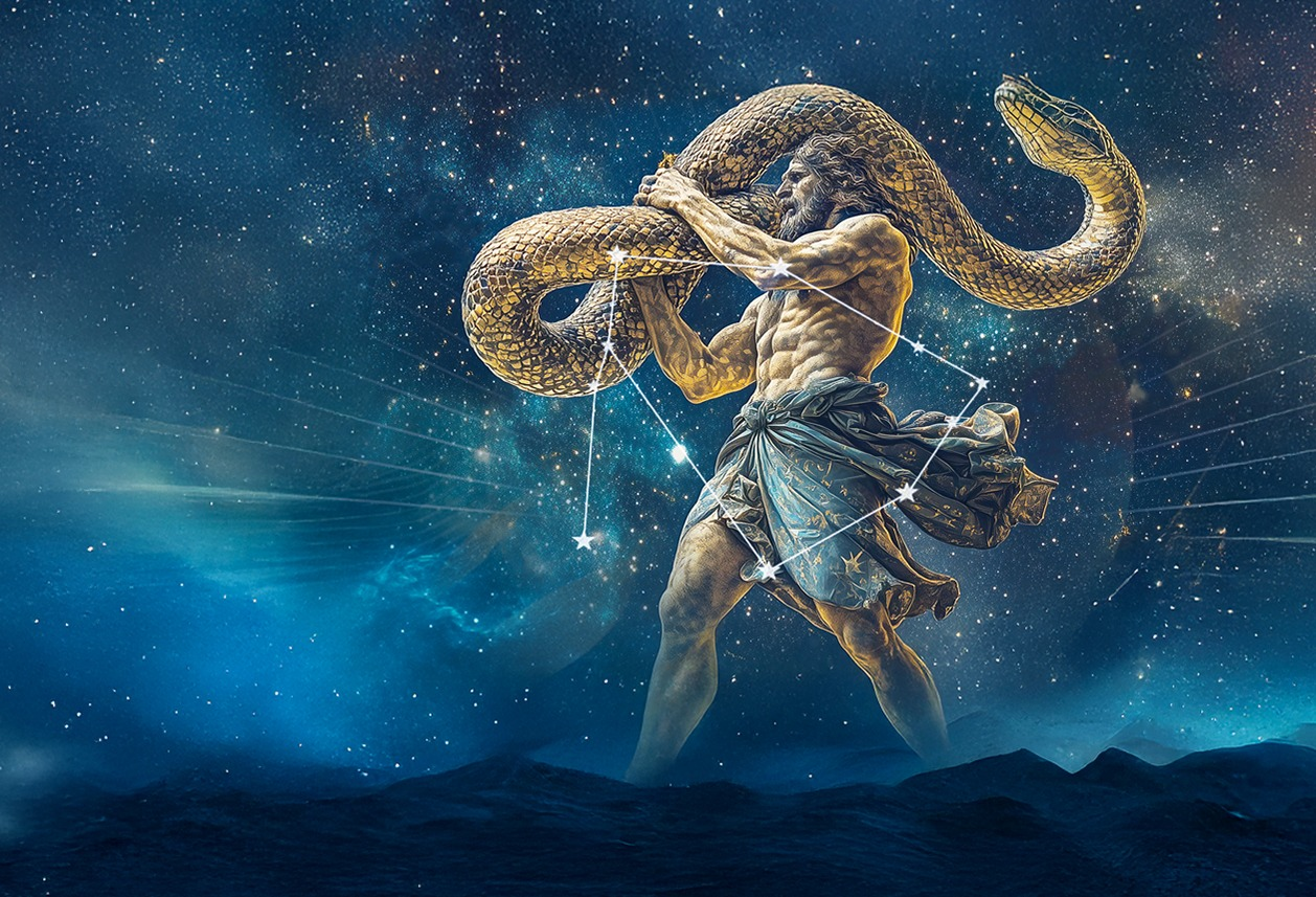 A mythological man wrestling a giant serpent under a starry sky - Ophiuchus Healing Center